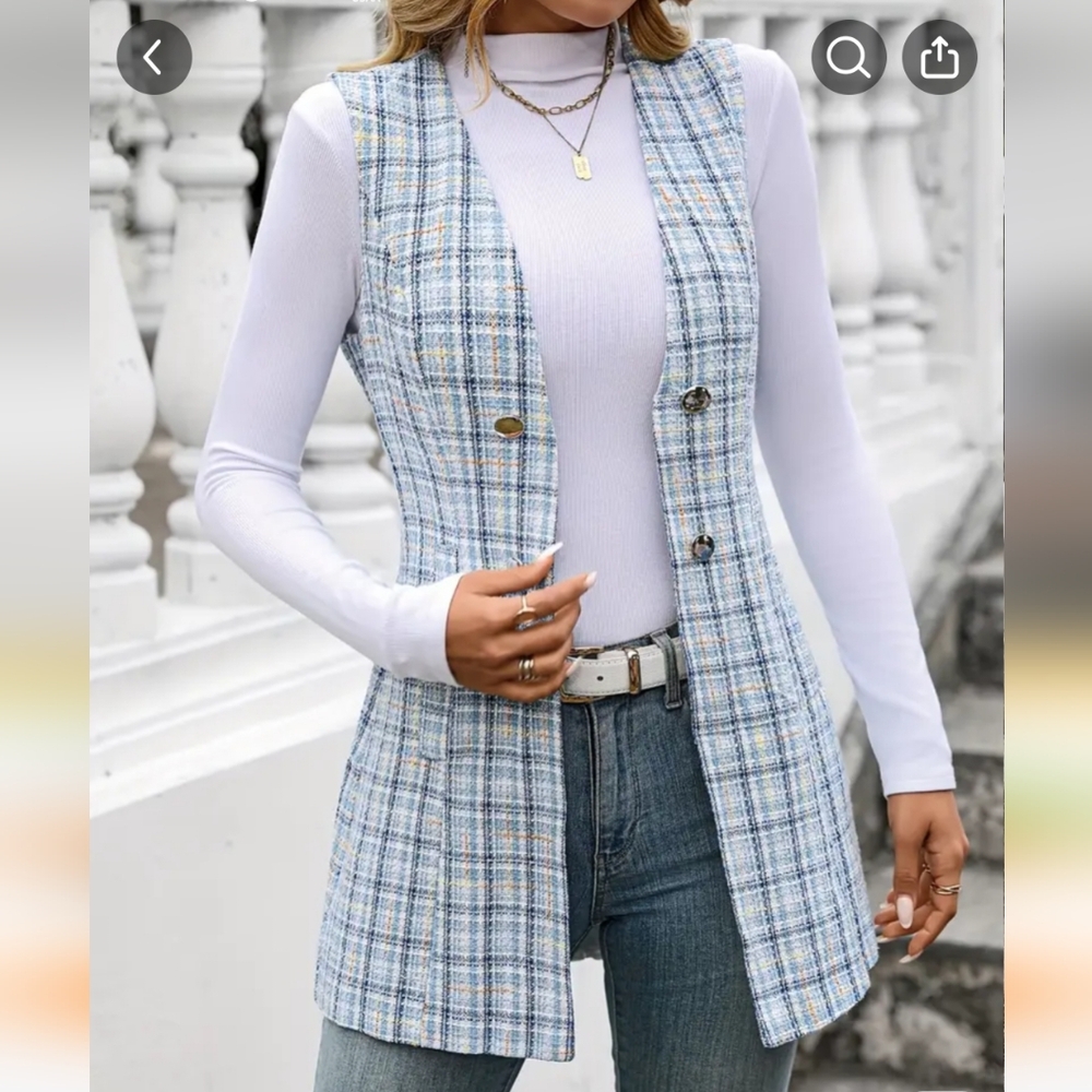 Spring Blue Plaid Sleeveless Vest Never Worn